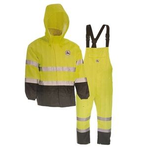 John Deere ANSI Class 3 Rain Suit Yellow Reflective Mesh Lined Size XL
